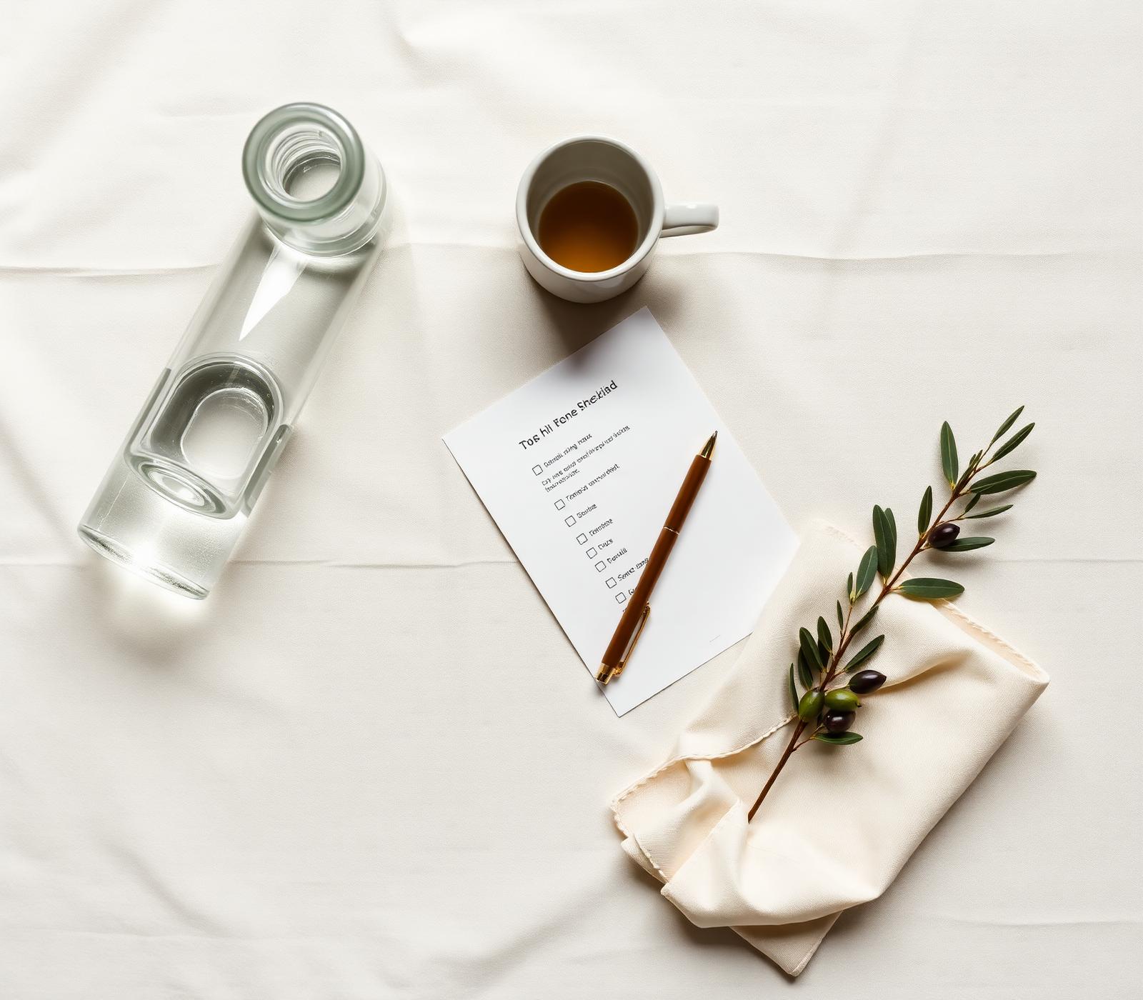 Flat lay com garrafa de água, chá, checklist e ramo de oliveira