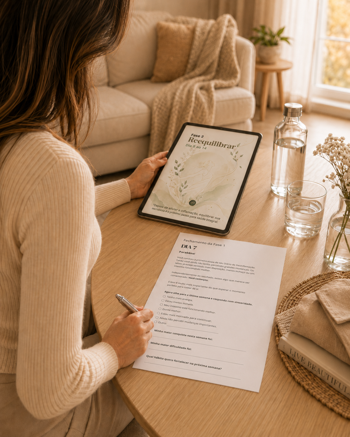 Mulher usando o Diário digital no tablet e preenchendo o Caderno de Atividades impresso em uma mesa de madeira clara com água e flores