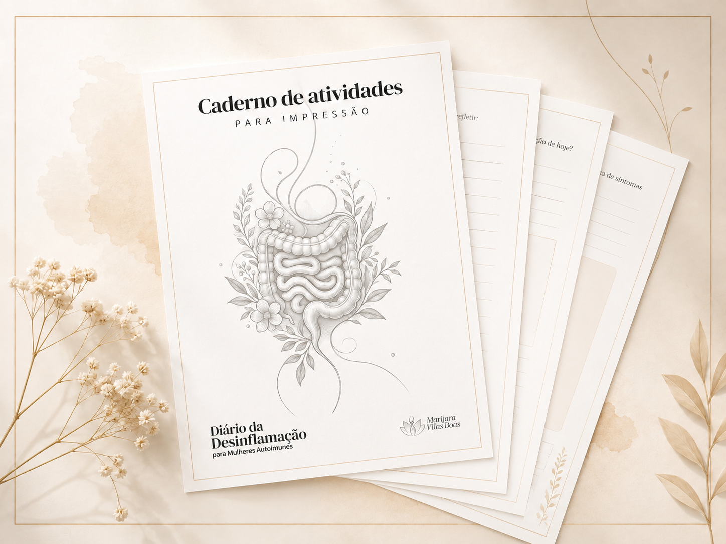 Páginas impressas do Caderno de Atividades dispostas em leque sobre mesa clara